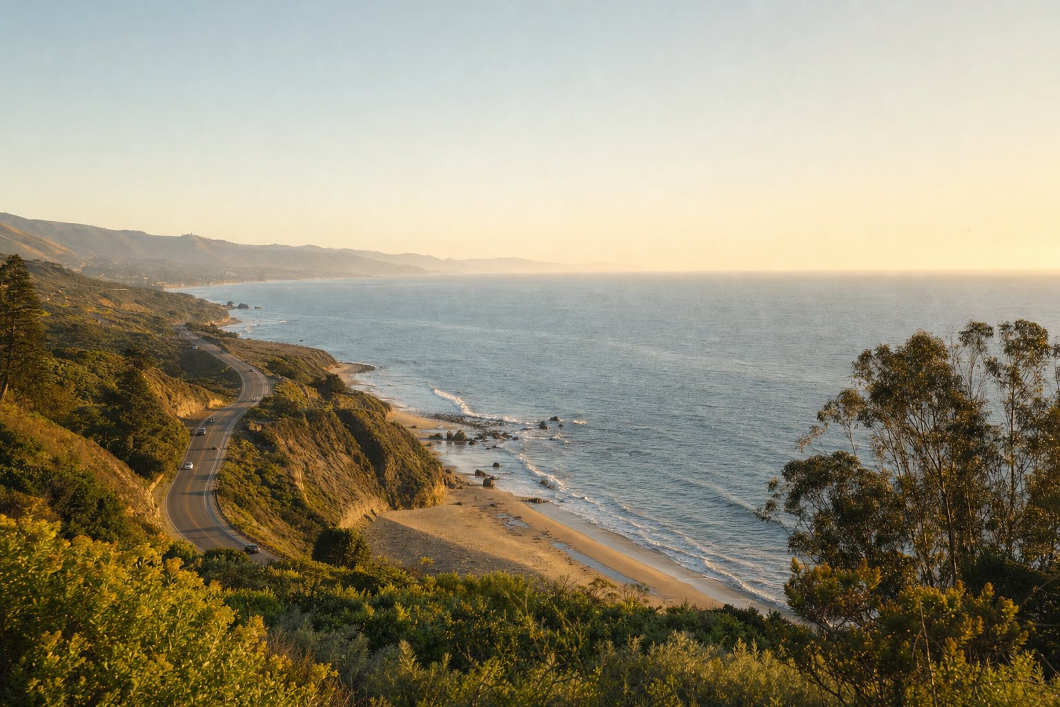 The California coastline at golden hour, with a highway curving along the bluffs.