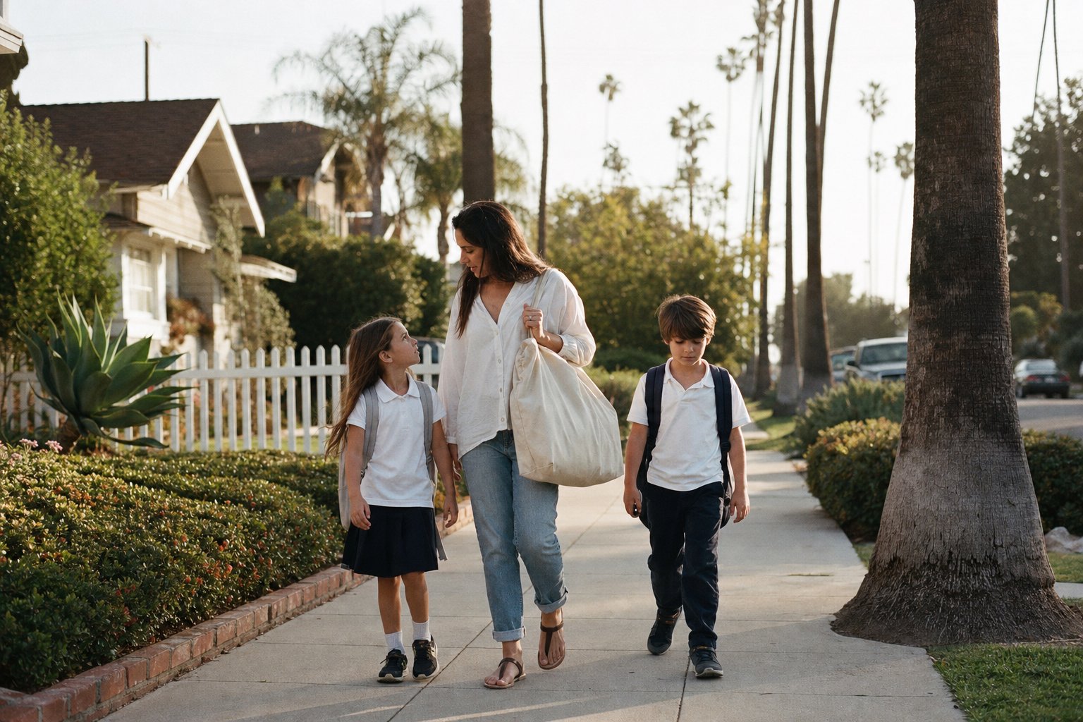 A California mother walks her two children home from school along a palm-lined sidewalk.